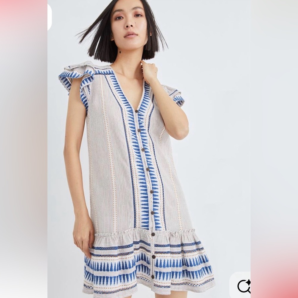 Veronica Beard Loraine Mini Dress with Blue Geo Embroidery